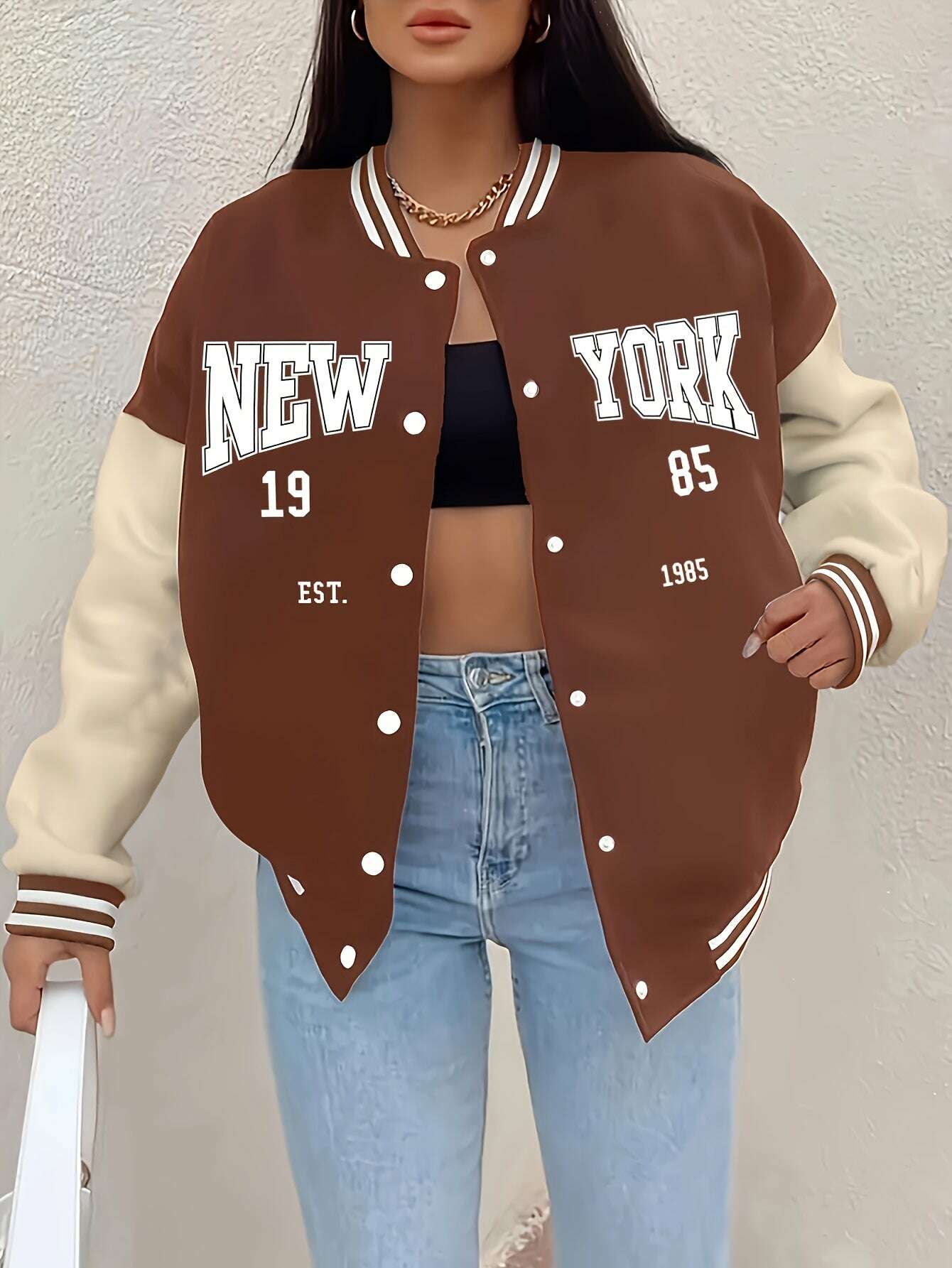 Women's New York 1985 Inspired Baseball Jacket - Cozy Fall Casual Outerwear   OAXG Black / S