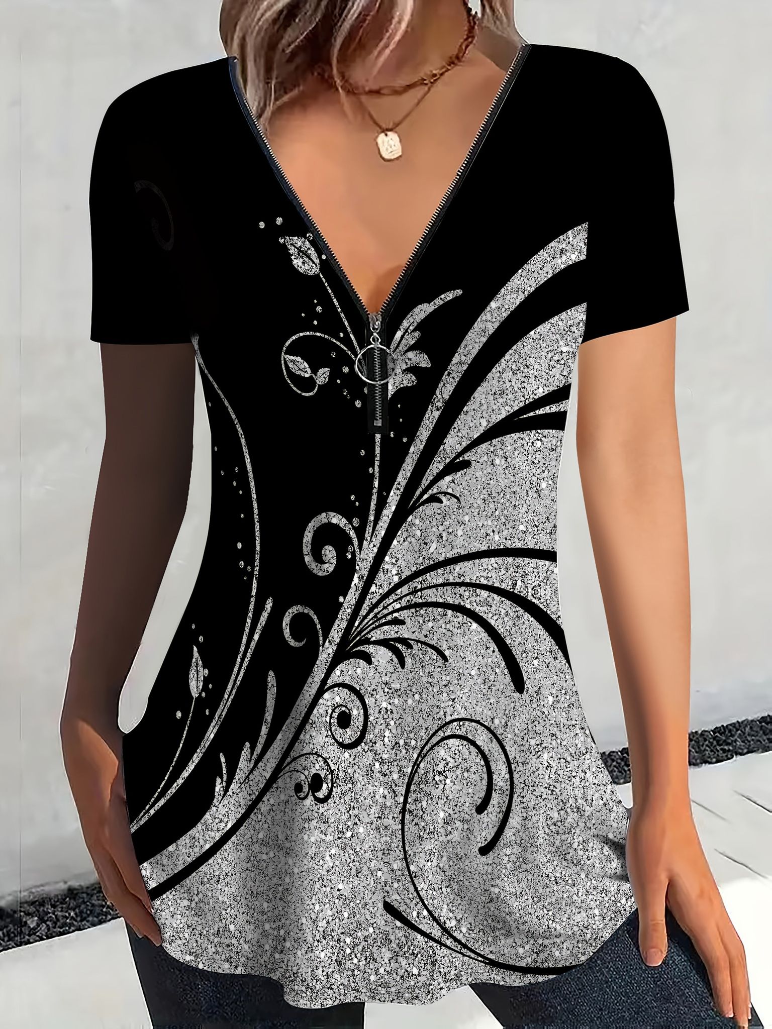 Women's New Zipper Short Sleeve T-Shirt   OAXG Black / S