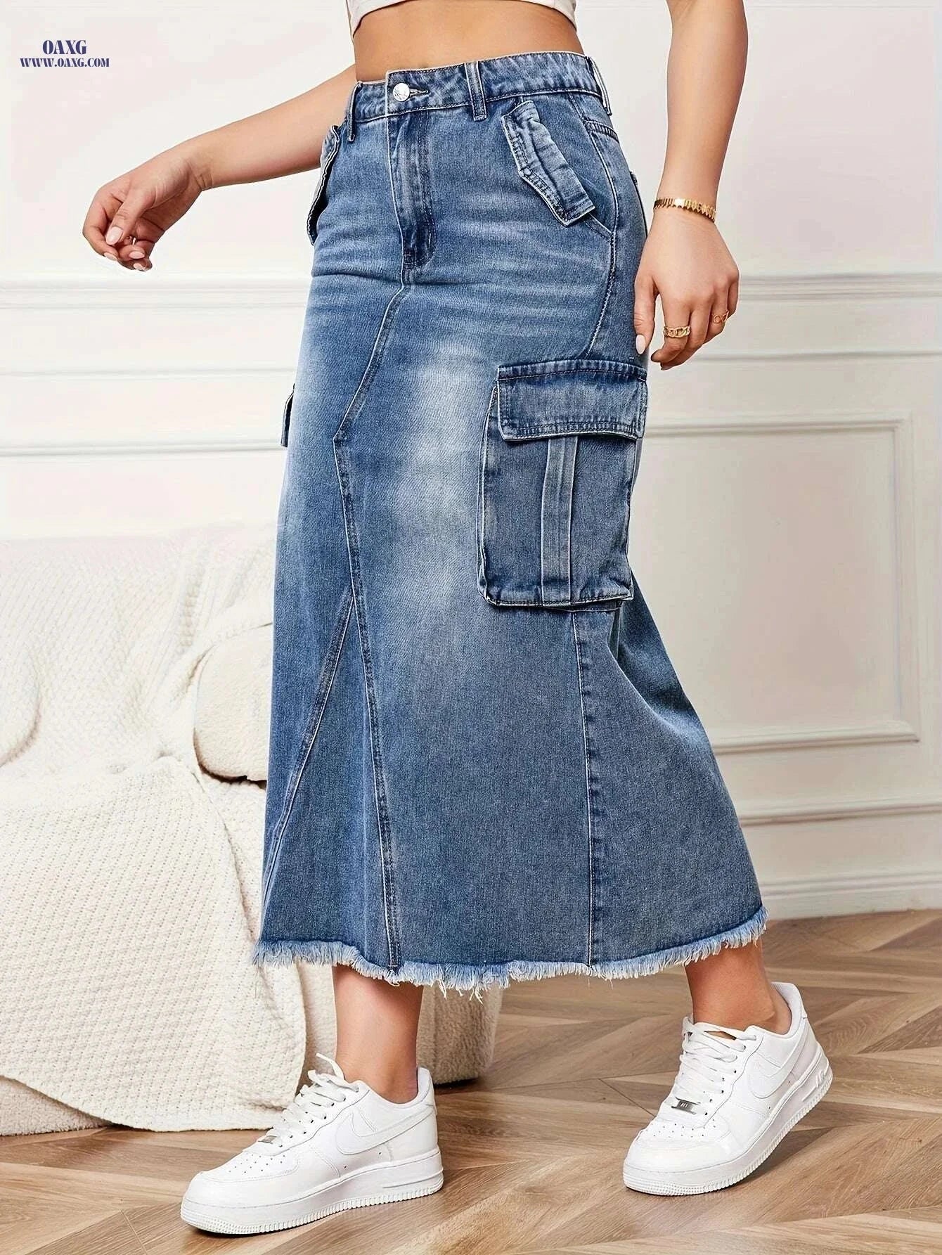 Women's Non-Stretch Denim Skirt - Classic Casual Style with Pockets   OAXG 