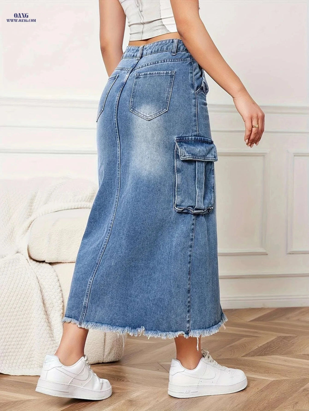 Women's Non-Stretch Denim Skirt - Classic Casual Style with Pockets   OAXG Blue / S