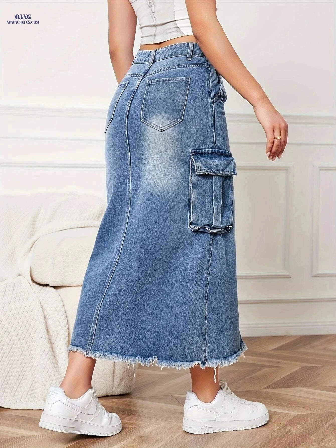 Women's Non-Stretch Denim Skirt - Classic Casual Style with Pockets   OAXG Blue / S