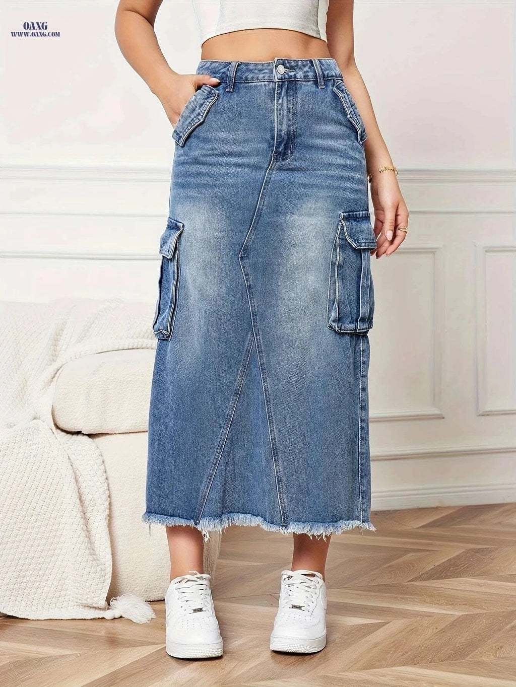Women's Non-Stretch Denim Skirt - Classic Casual Style with Pockets   OAXG Blue / S