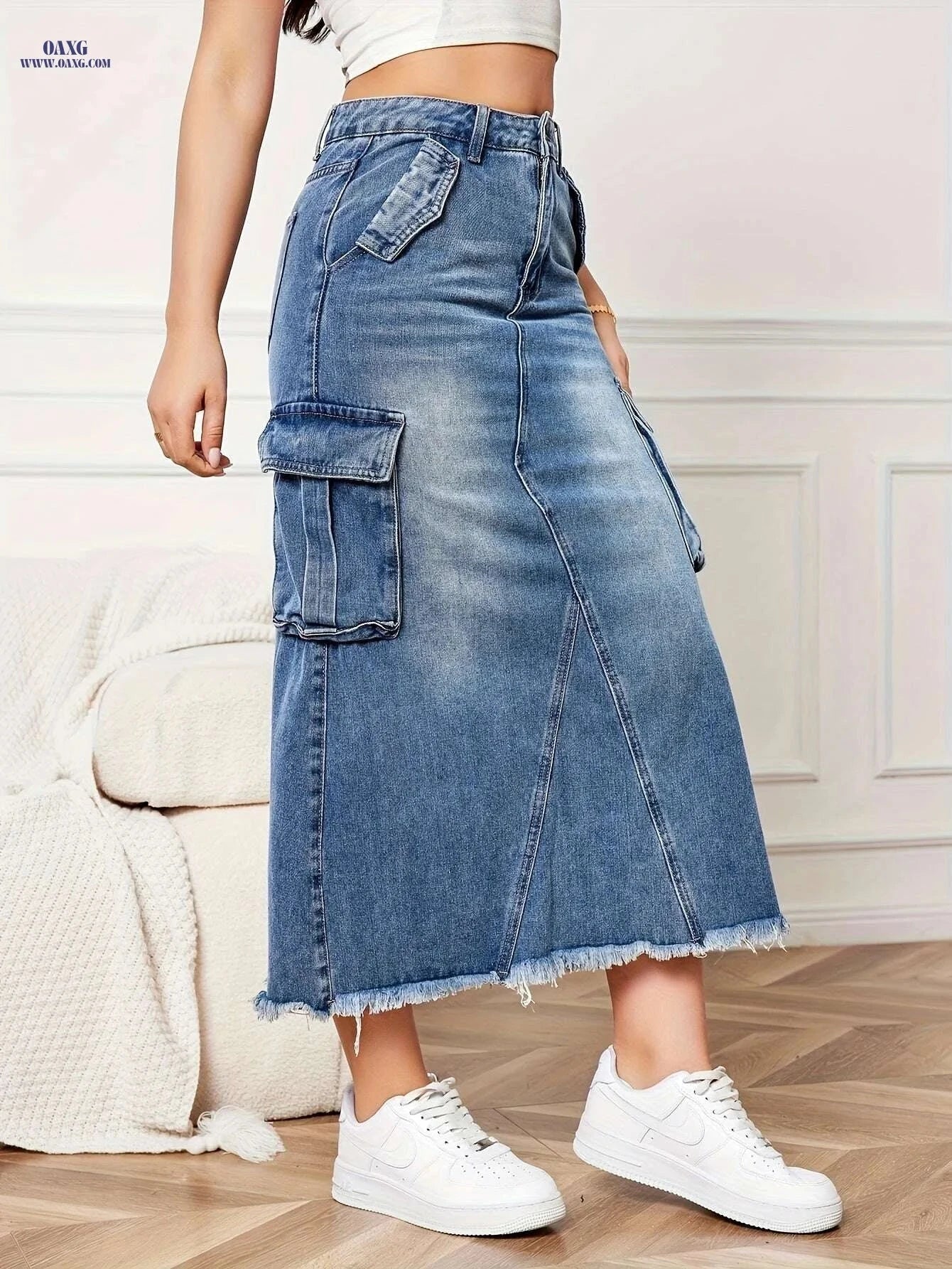 Women's Non-Stretch Denim Skirt - Classic Casual Style with Pockets   OAXG Blue / S