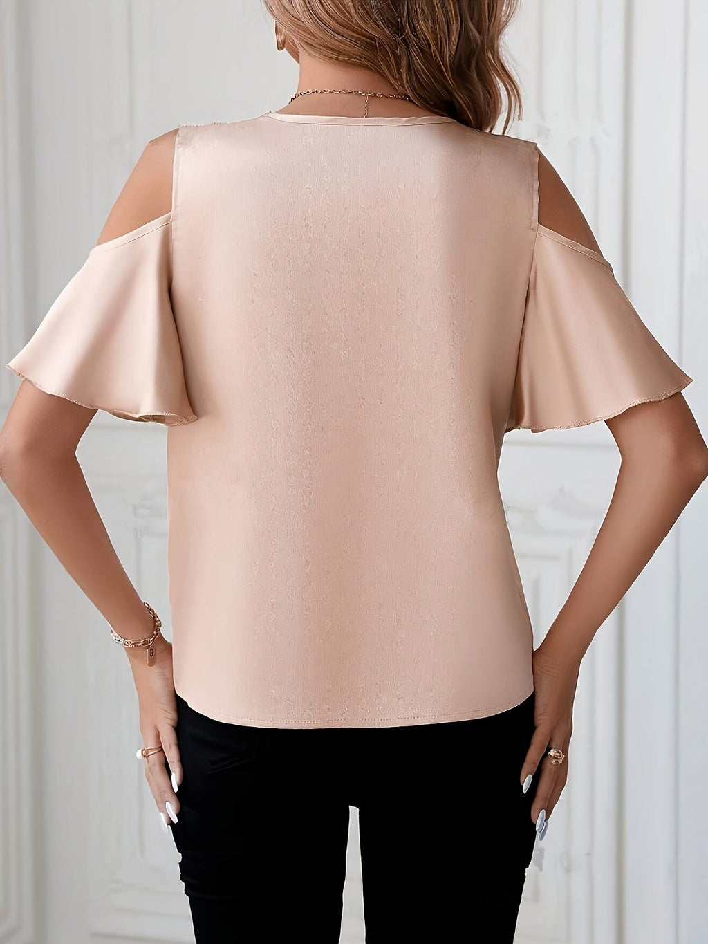 Women'S Off-Shoulder Lace Trim Blouse - Pink V-Neck Short Sleeve Shirting Top with Contrast Lace Detail, Summer Fashion for Adults, Adult Fashion Top | Lace Detailing | Vneck Collar, Lace Blouse   OAXG Nude Pink / S