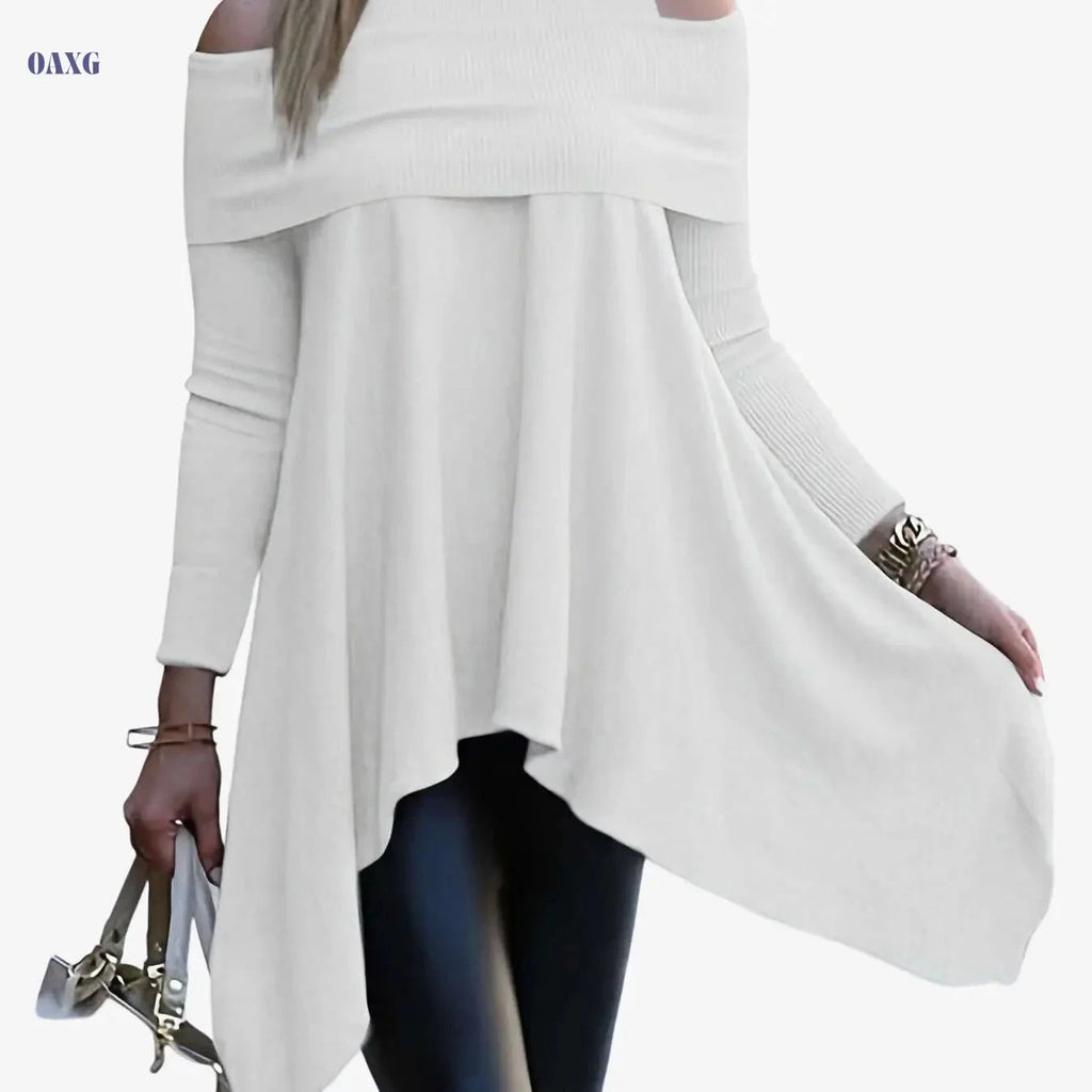 Women's Off-Shoulder Loose Pullover - Solid Color Long Sleeves   OAXG 