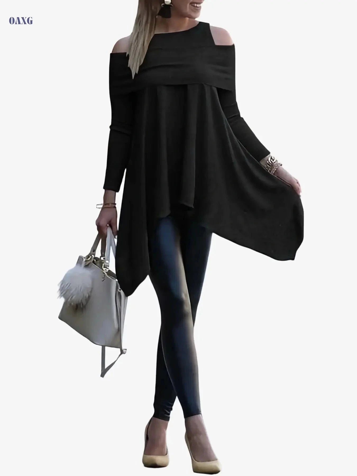 Women's Off-Shoulder Loose Pullover - Solid Color Long Sleeves   OAXG White / S