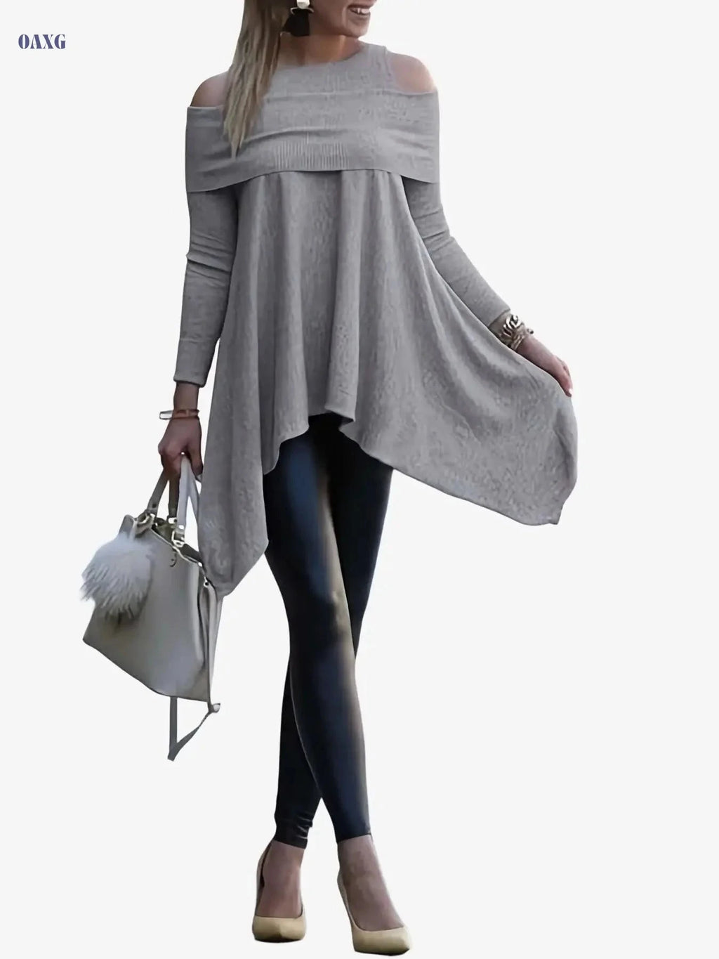 Women's Off-Shoulder Loose Pullover - Solid Color Long Sleeves   OAXG White / S