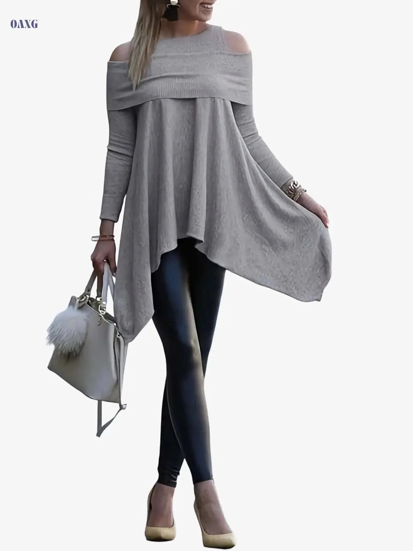 Women's Off-Shoulder Loose Pullover - Solid Color Long Sleeves   OAXG White / S
