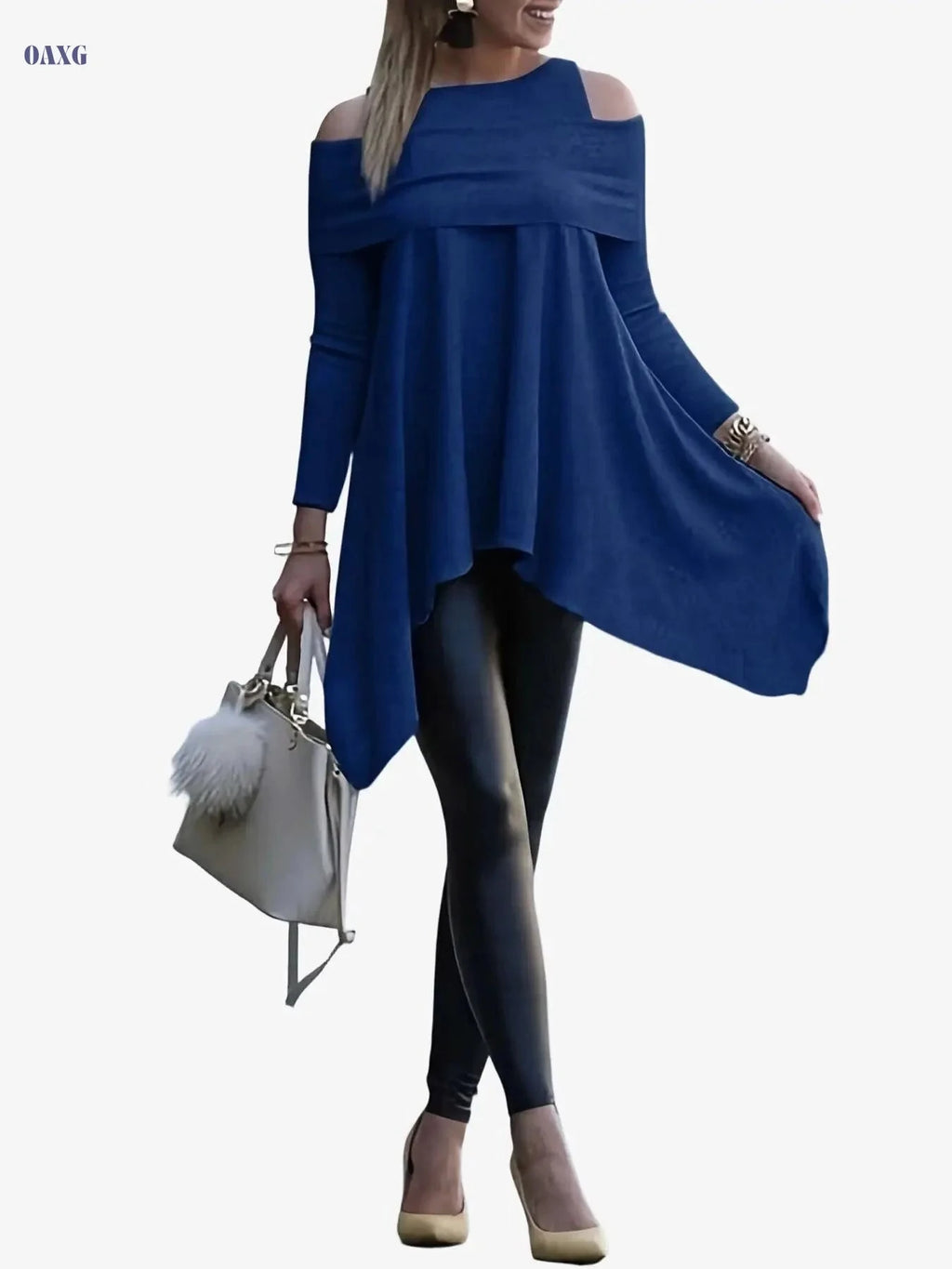Women's Off-Shoulder Loose Pullover - Solid Color Long Sleeves   OAXG White / S