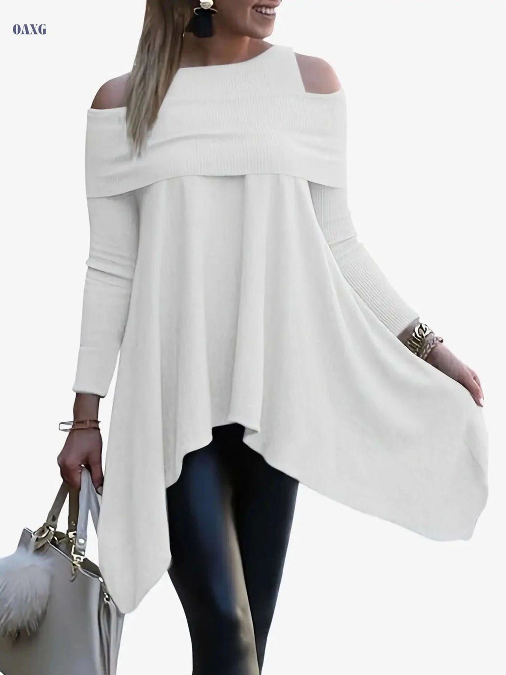 Women's Off-Shoulder Loose Pullover - Solid Color Long Sleeves   OAXG White / S