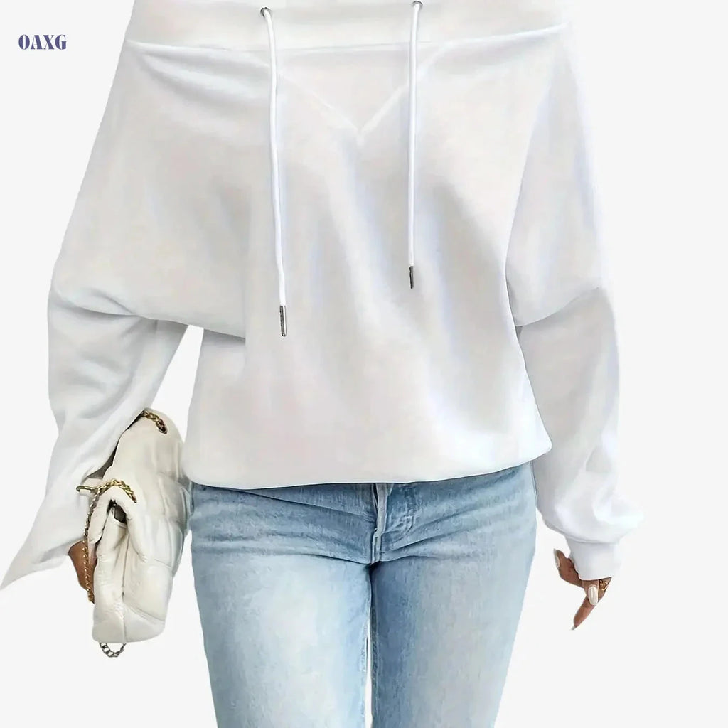 Women's Off-Shoulder Sports Sweatshirt - Loose Long Sleeve Pullover   OAXG 