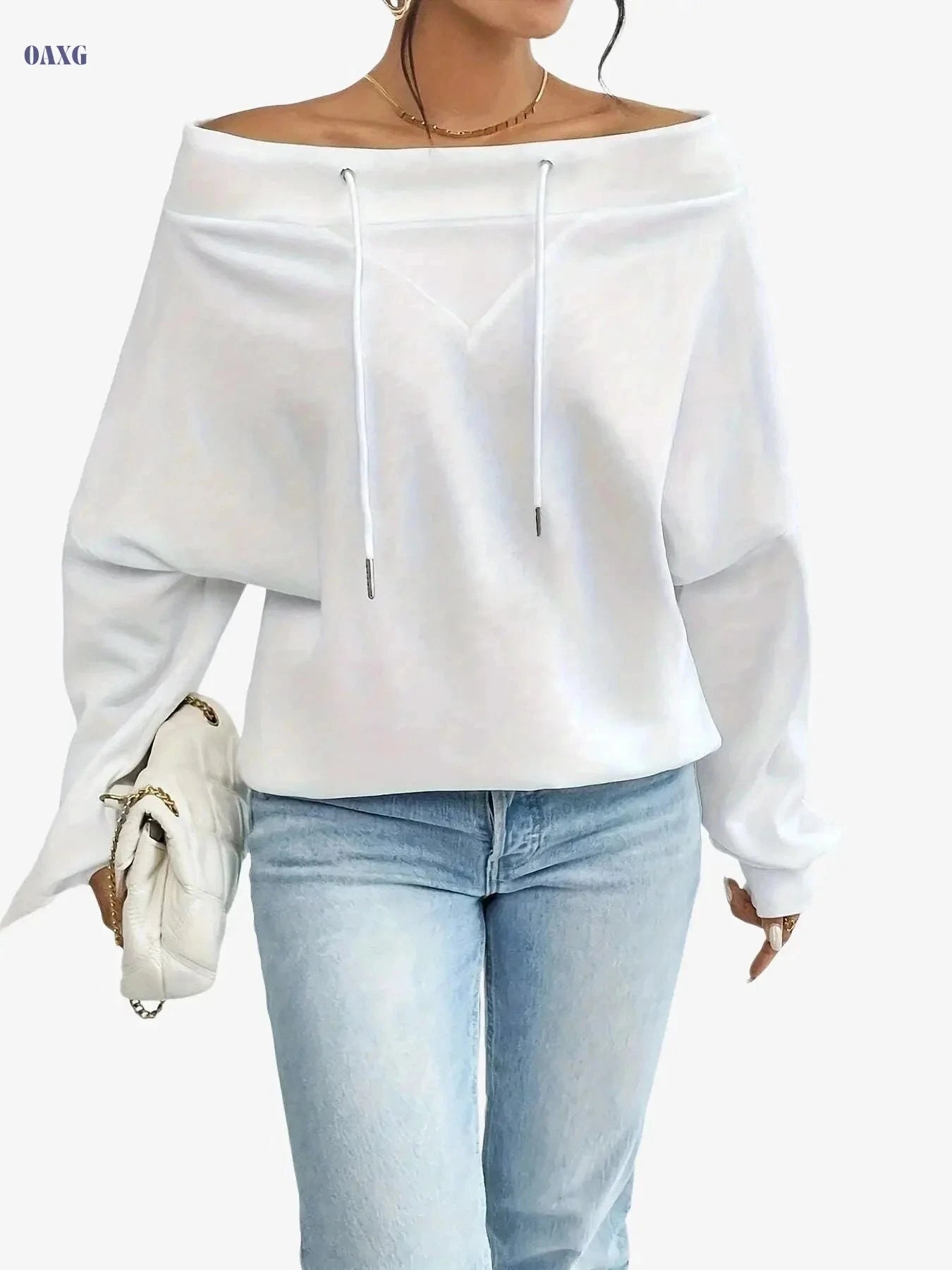Women's Off-Shoulder Sports Sweatshirt - Loose Long Sleeve Pullover   OAXG 
