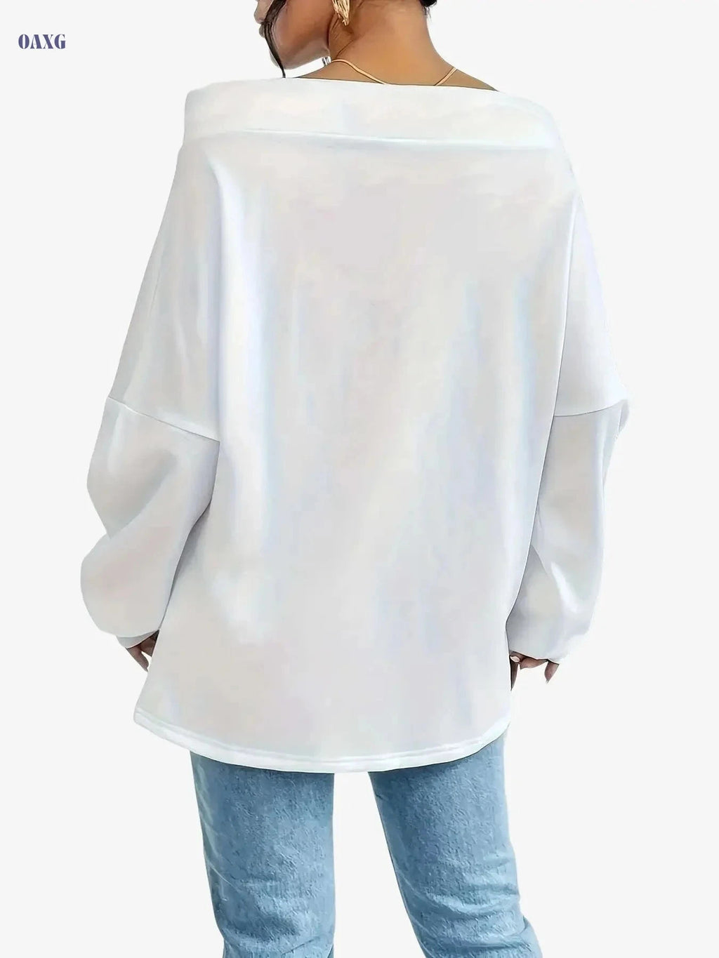 Women's Off-Shoulder Sports Sweatshirt - Loose Long Sleeve Pullover   OAXG White / S