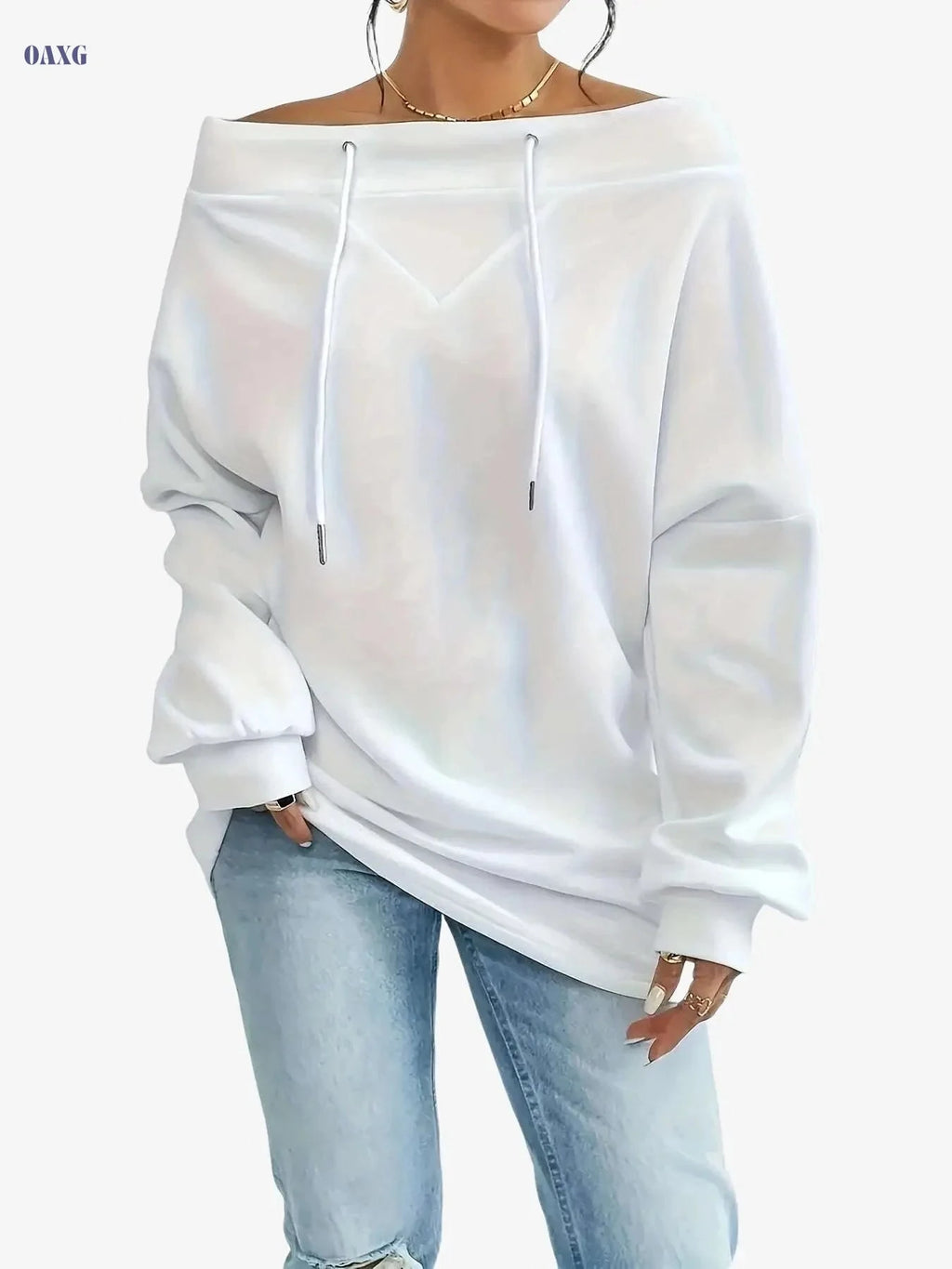Women's Off-Shoulder Sports Sweatshirt - Loose Long Sleeve Pullover   OAXG White / S