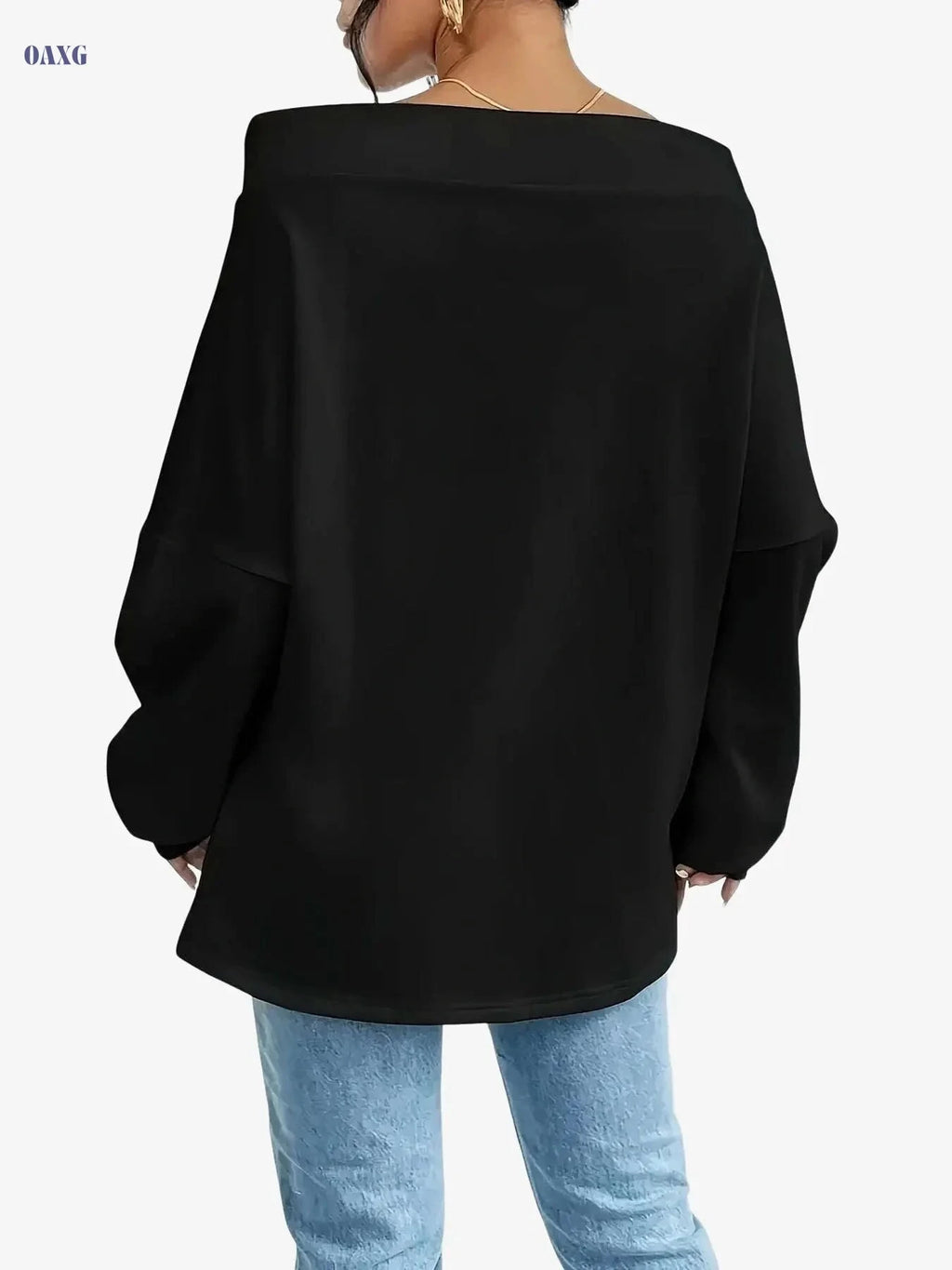 Women's Off-Shoulder Sports Sweatshirt - Loose Long Sleeve Pullover   OAXG White / S