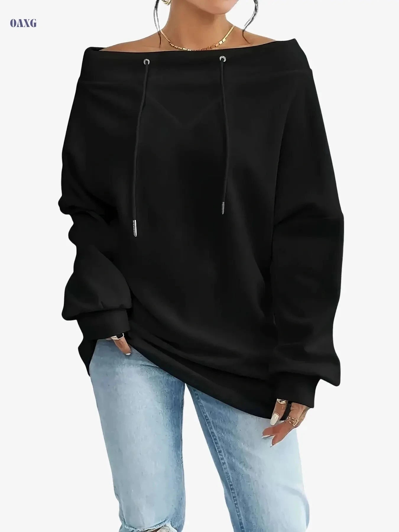 Women's Off-Shoulder Sports Sweatshirt - Loose Long Sleeve Pullover   OAXG White / S