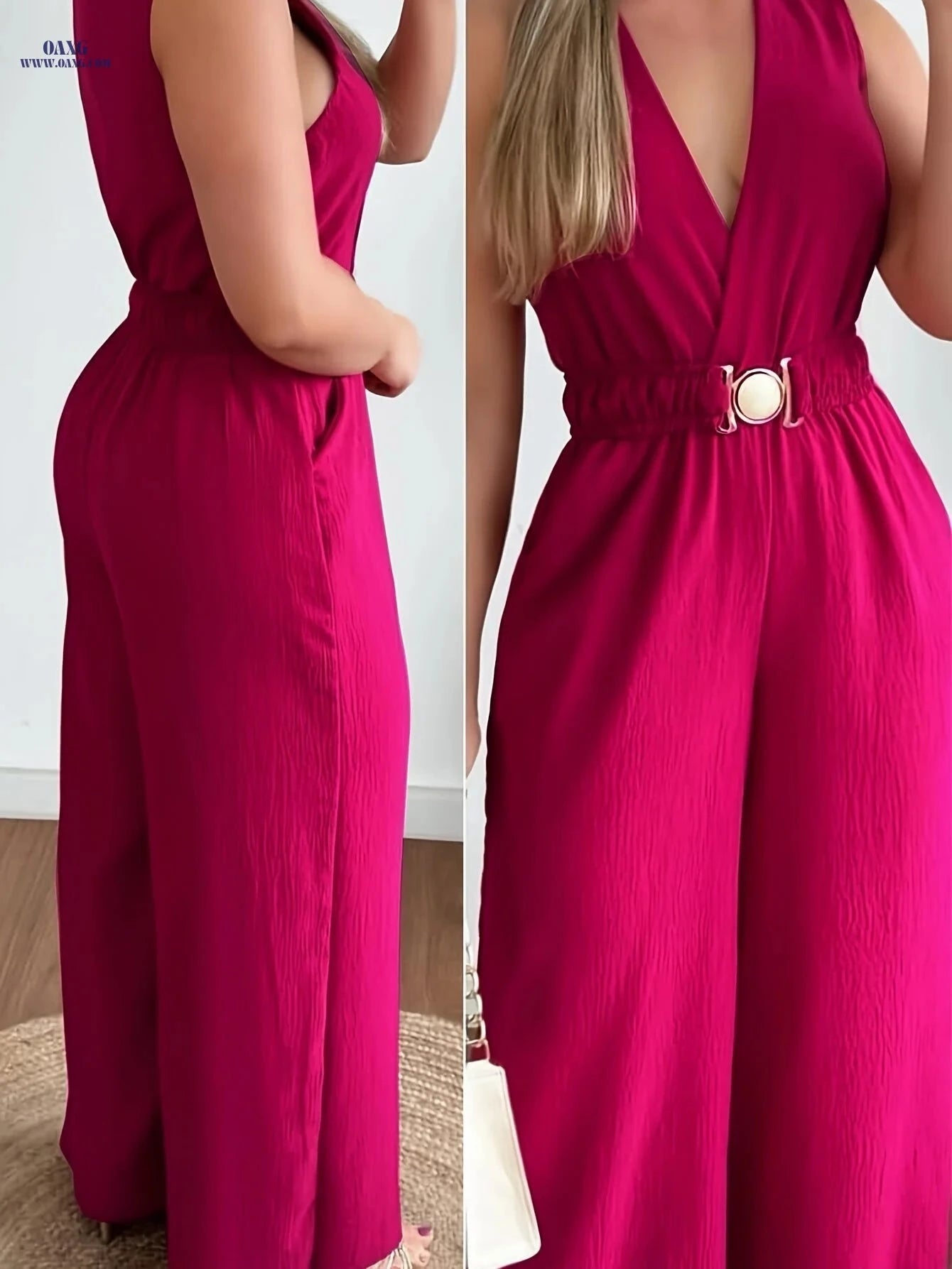 Women's Off-Shoulder Wide-Leg Jumpsuit - Sexy V-Neck Design   OAXG 