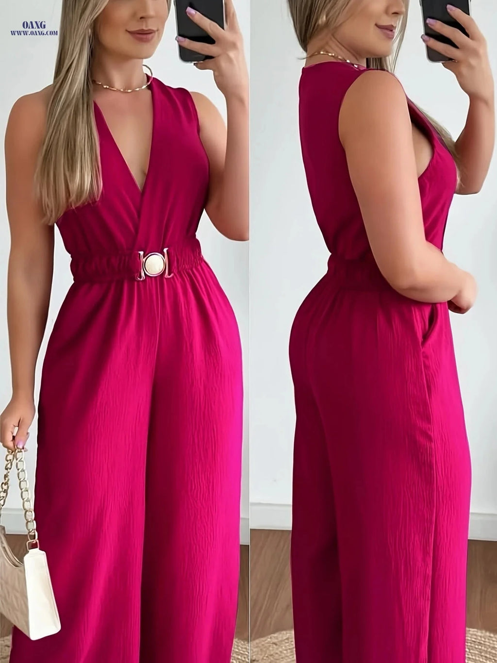 Women's Off-Shoulder Wide-Leg Jumpsuit - Sexy V-Neck Design   OAXG Blue / S