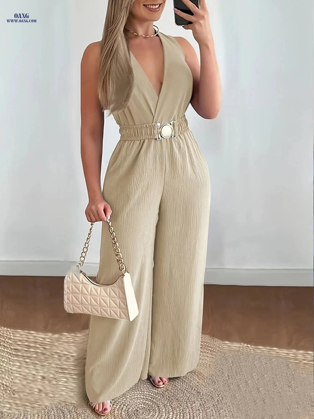 Women's Off-Shoulder Wide-Leg Jumpsuit - Sexy V-Neck Design   OAXG Blue / S