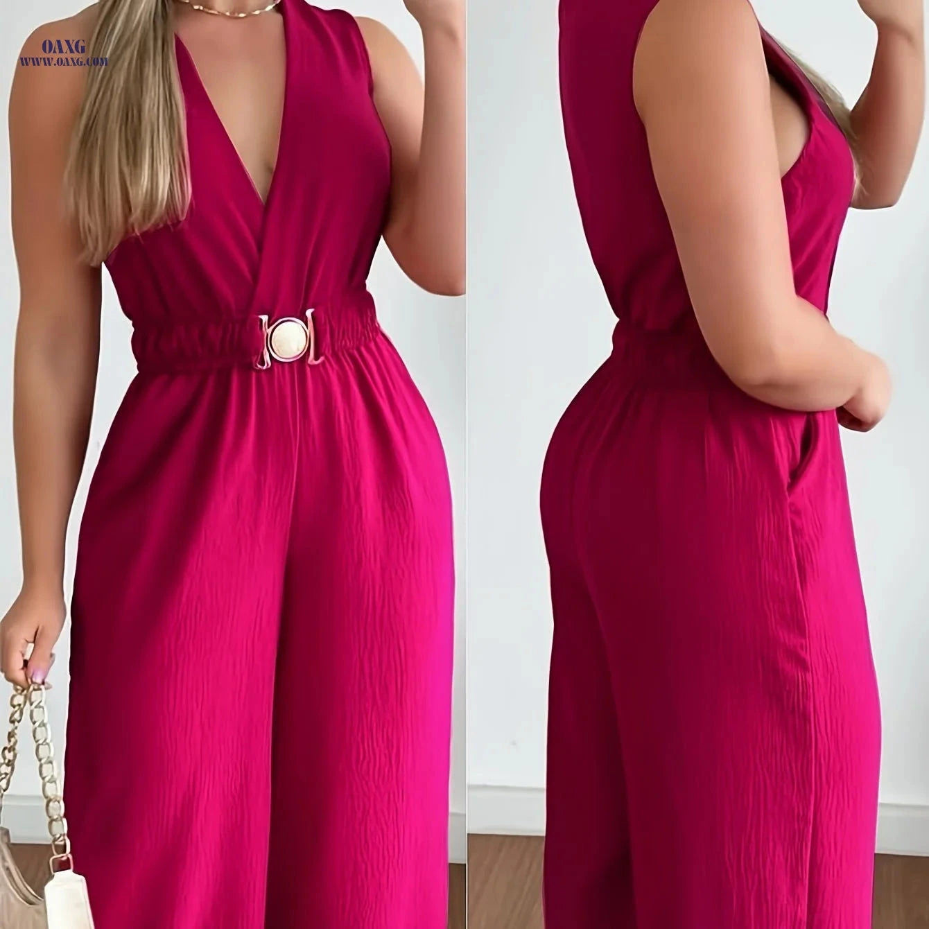 Women's Off-Shoulder Wide-Leg Jumpsuit - Sexy V-Neck Design   OAXG Blue / S