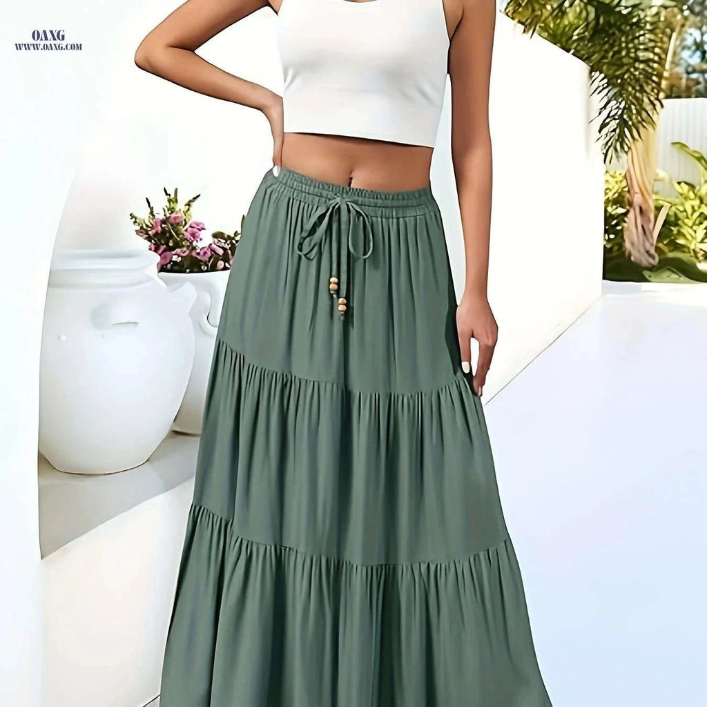 Women's Olive Green A-Line Maxi Skirt - High Waist, Casual Style   OAXG Green / S