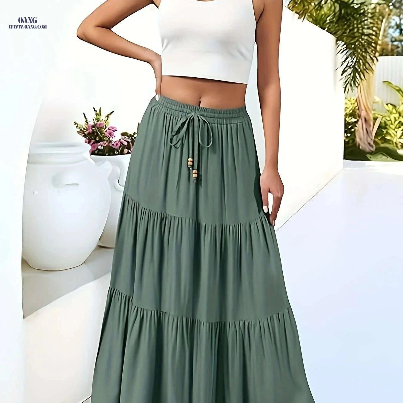 Women's Olive Green A-Line Maxi Skirt - High Waist, Casual Style   OAXG Green / S