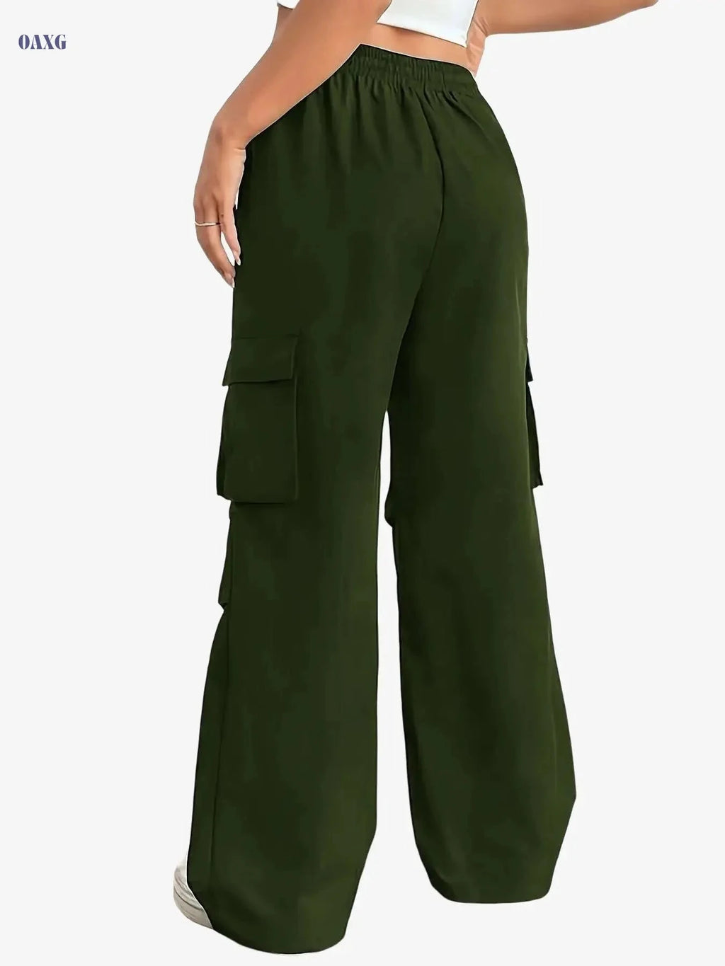 Women's Olive Green Cargo Pants - Elastic Drawstring & Casual Style   OAXG Black / S