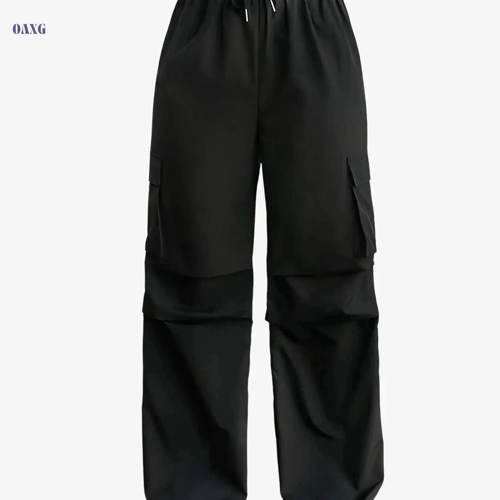 Women's Olive Green Cargo Pants - Elastic Drawstring & Casual Style   OAXG Black / S