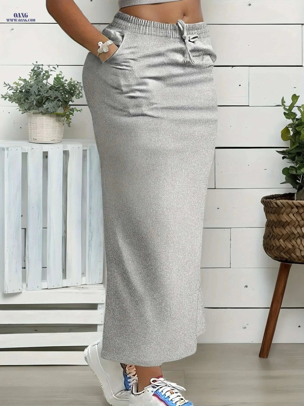Women's Olive Green Midi Skirt - Summer Vacation Style, Machine Washable   OAXG 
