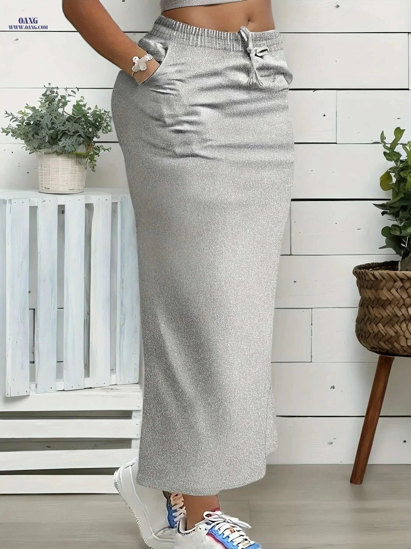 Women's Olive Green Midi Skirt - Summer Vacation Style, Machine Washable   OAXG 