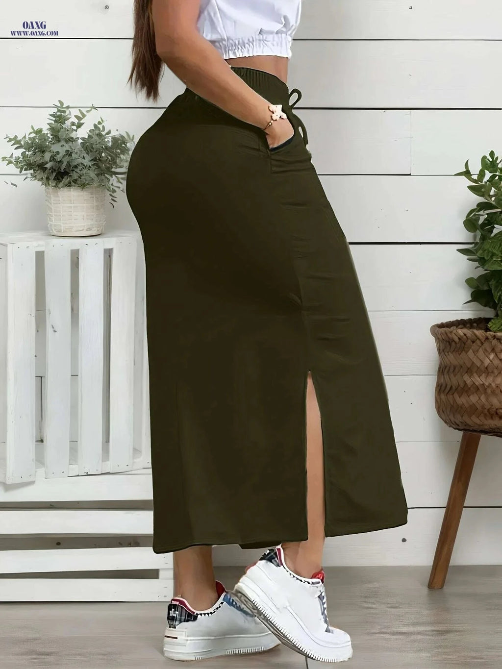 Women's Olive Green Midi Skirt - Summer Vacation Style, Machine Washable   OAXG Black / S