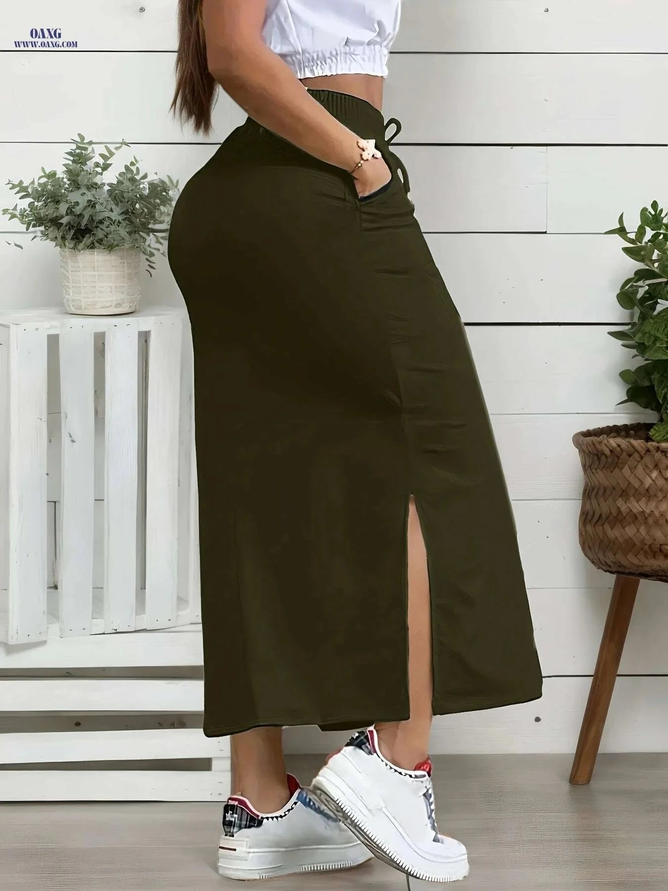 Women's Olive Green Midi Skirt - Summer Vacation Style, Machine Washable   OAXG Black / S