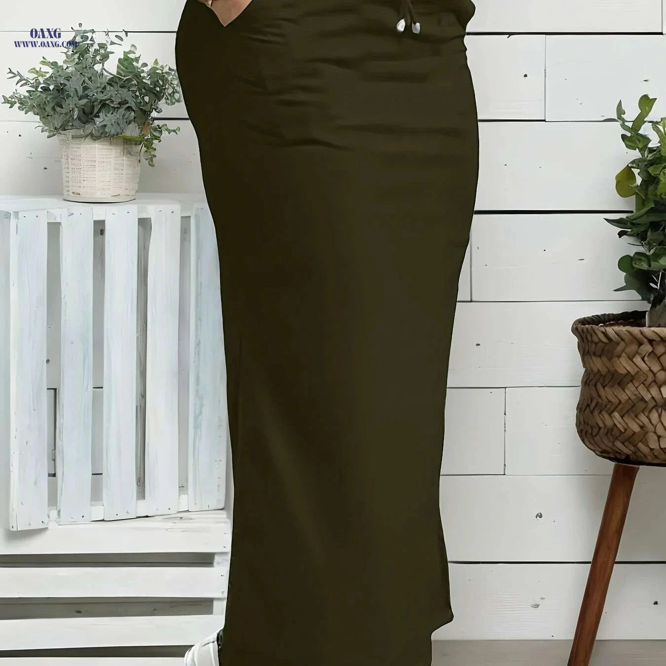 Women's Olive Green Midi Skirt - Summer Vacation Style, Machine Washable   OAXG Black / S