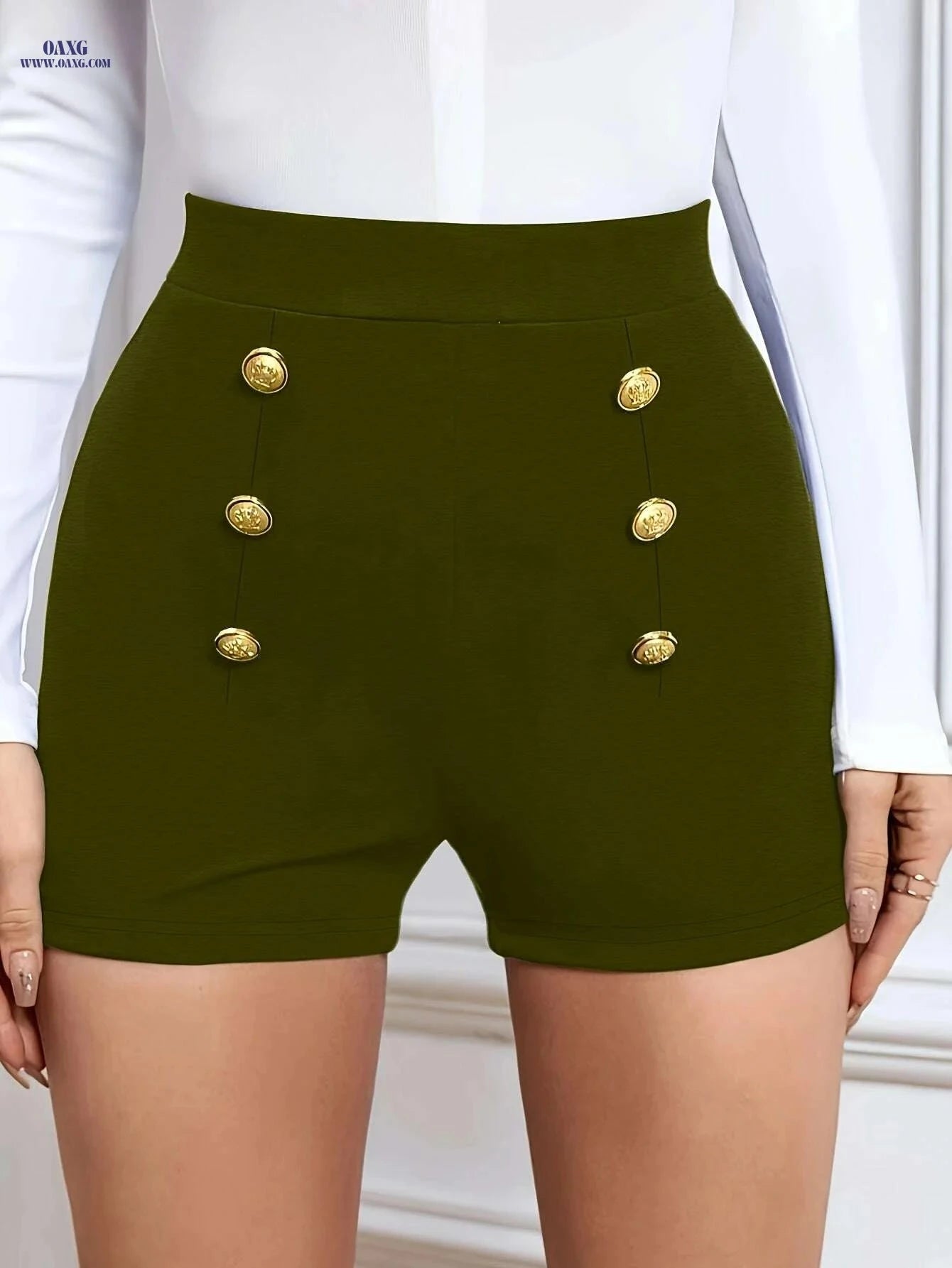 Women's Olive Green Shorts - Elegant Button Closure, Machine Washable   OAXG 