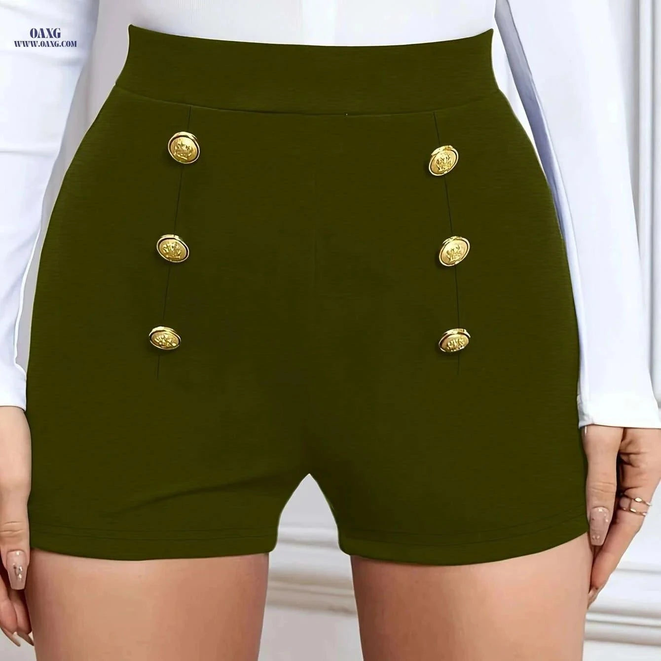 Women's Olive Green Shorts - Elegant Button Closure, Machine Washable   OAXG Black / S