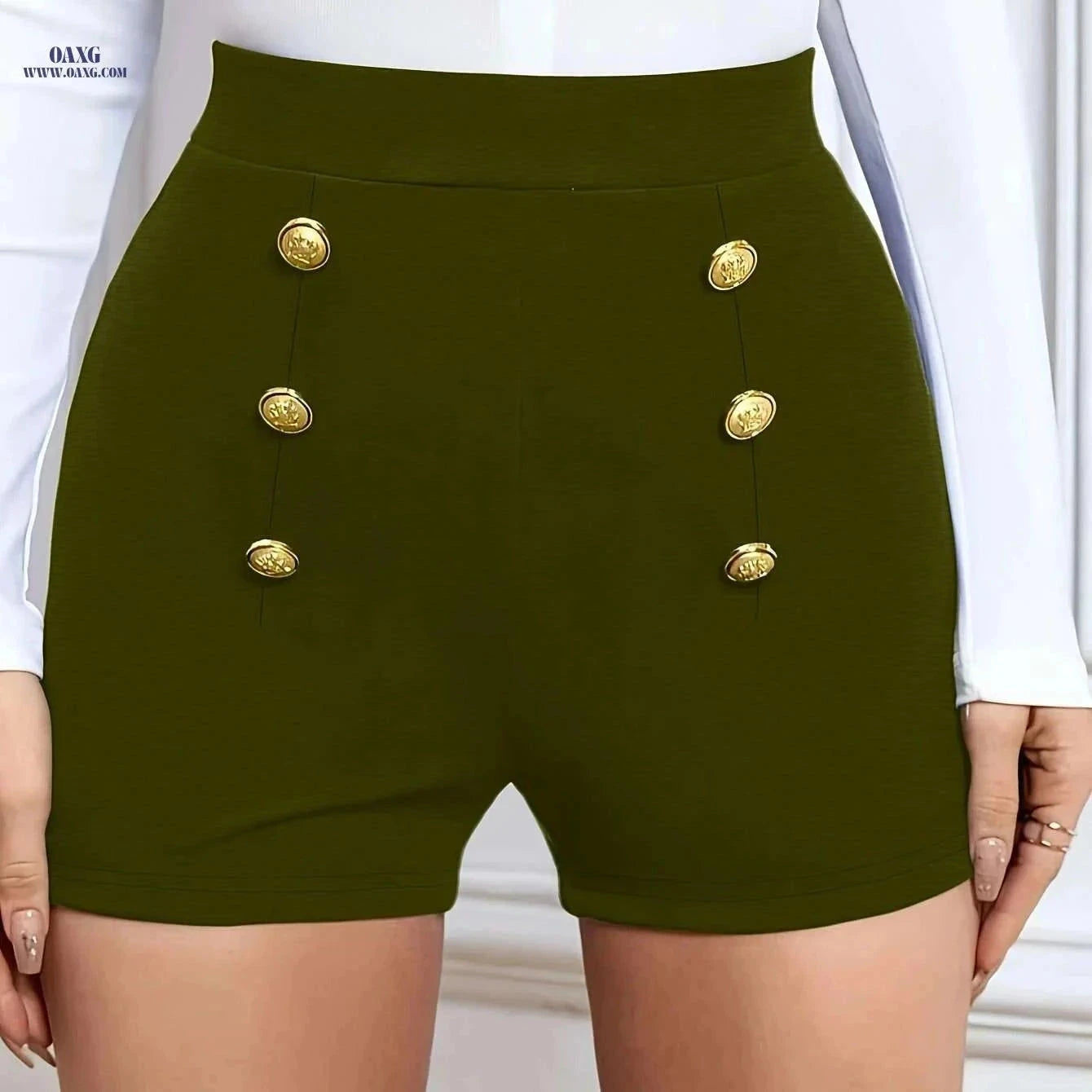 Women's Olive Green Shorts - Elegant Button Closure, Machine Washable   OAXG Black / S