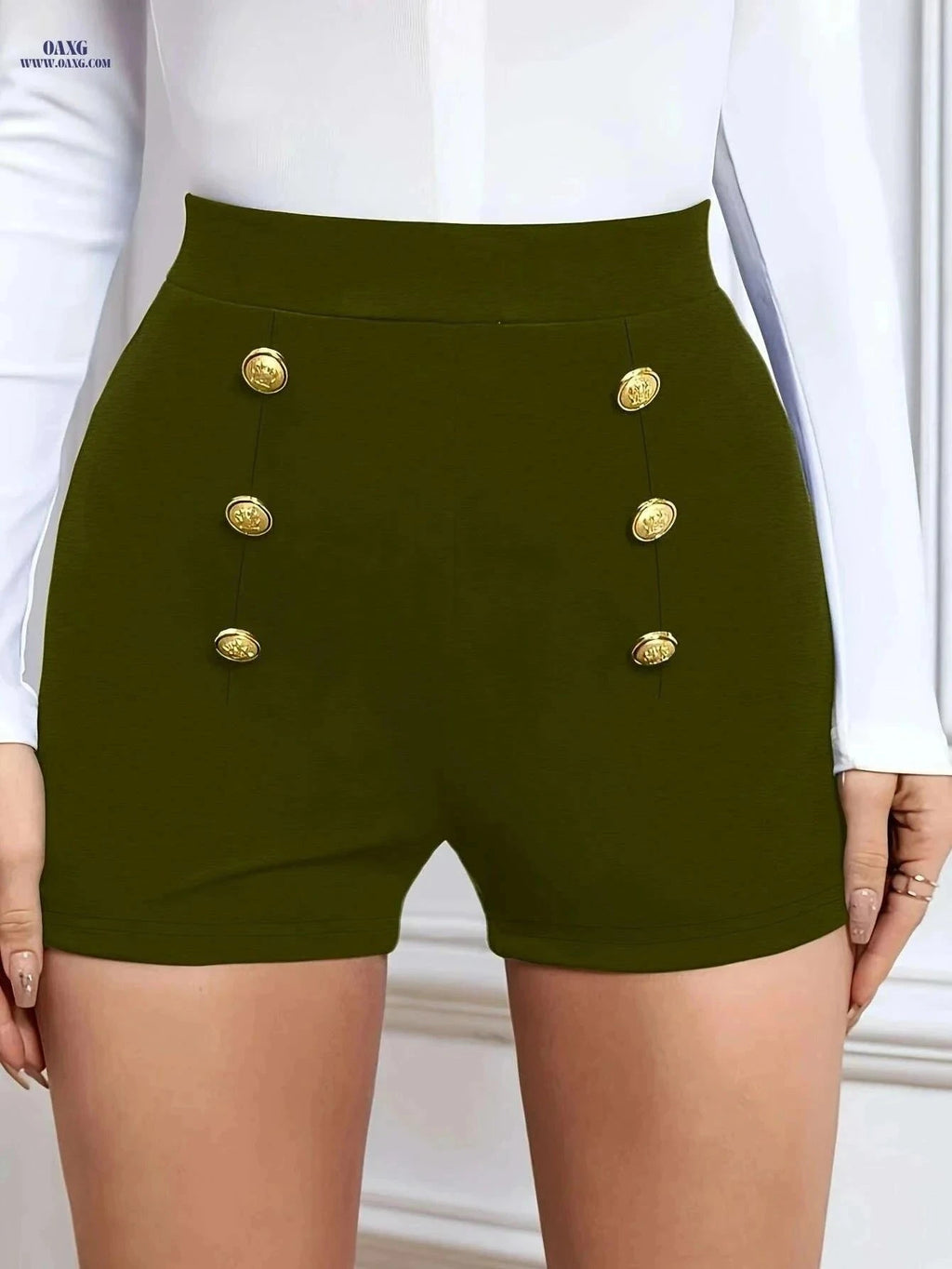 Women's Olive Green Shorts - Elegant Button Closure, Machine Washable   OAXG Black / S