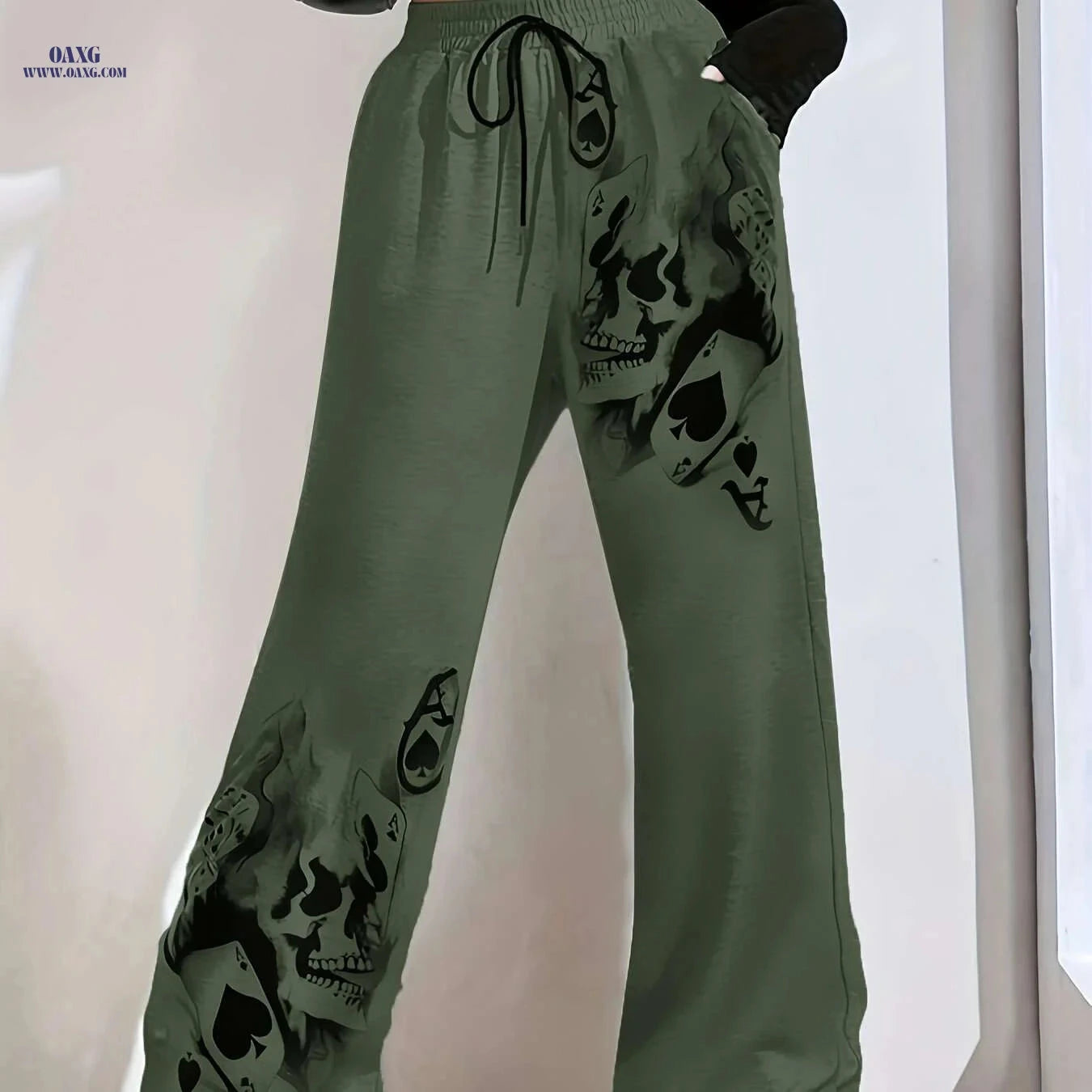 Women's Olive Green Skull Print Wide-Leg Jogger Pants - Cozy Casual   OAXG Light Grey / S