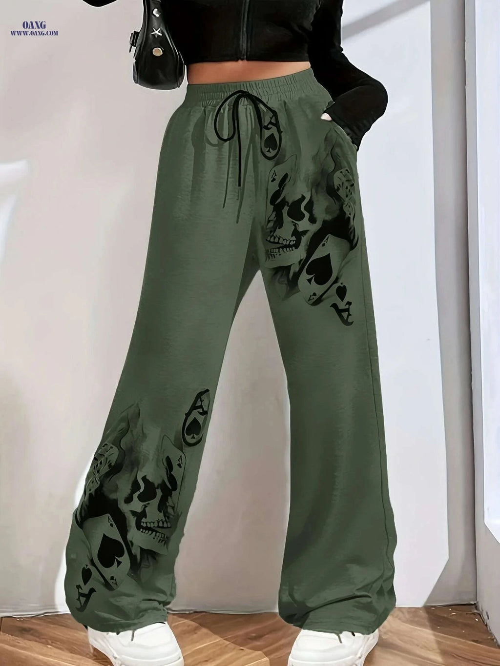 Women's Olive Green Skull Print Wide-Leg Jogger Pants - Cozy Casual   OAXG Light Grey / S