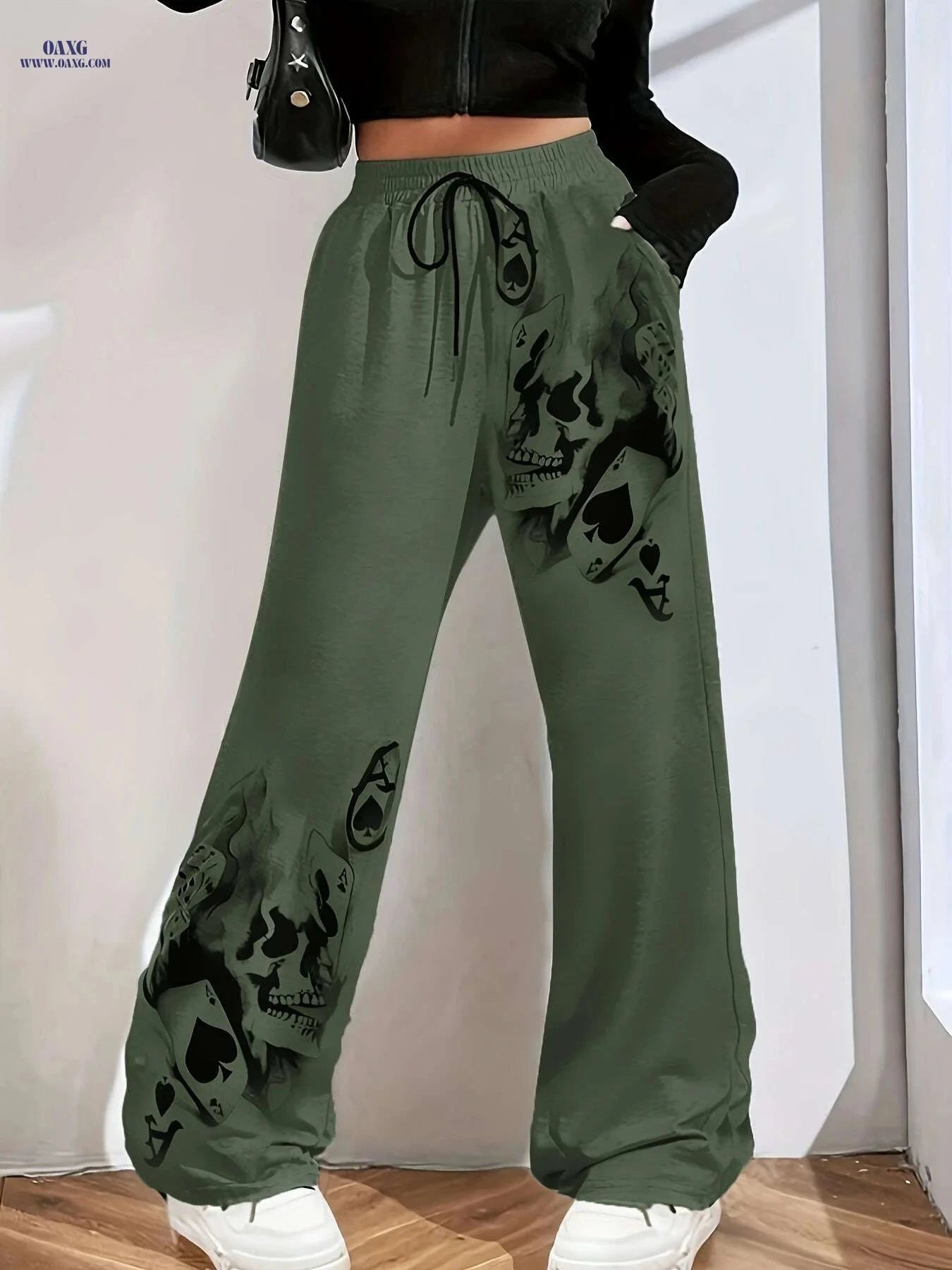 Women's Olive Green Skull Print Wide-Leg Jogger Pants - Cozy Casual   OAXG Light Grey / S