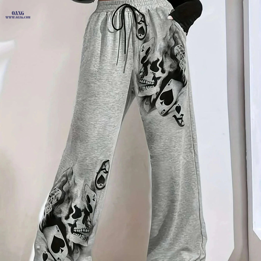 Women's Olive Green Skull Print Wide-Leg Jogger Pants - Cozy Casual   OAXG Light Grey / S