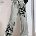 Women's Olive Green Skull Print Wide-Leg Jogger Pants - Cozy Casual   OAXG Light Grey / S