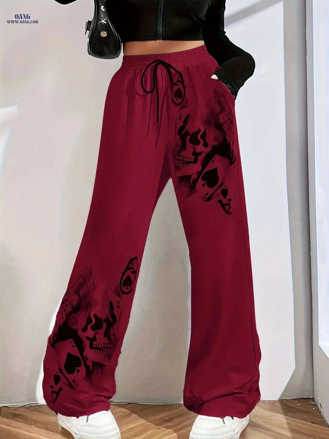 Women's Olive Green Skull Print Wide-Leg Jogger Pants - Cozy Casual   OAXG Light Grey / S
