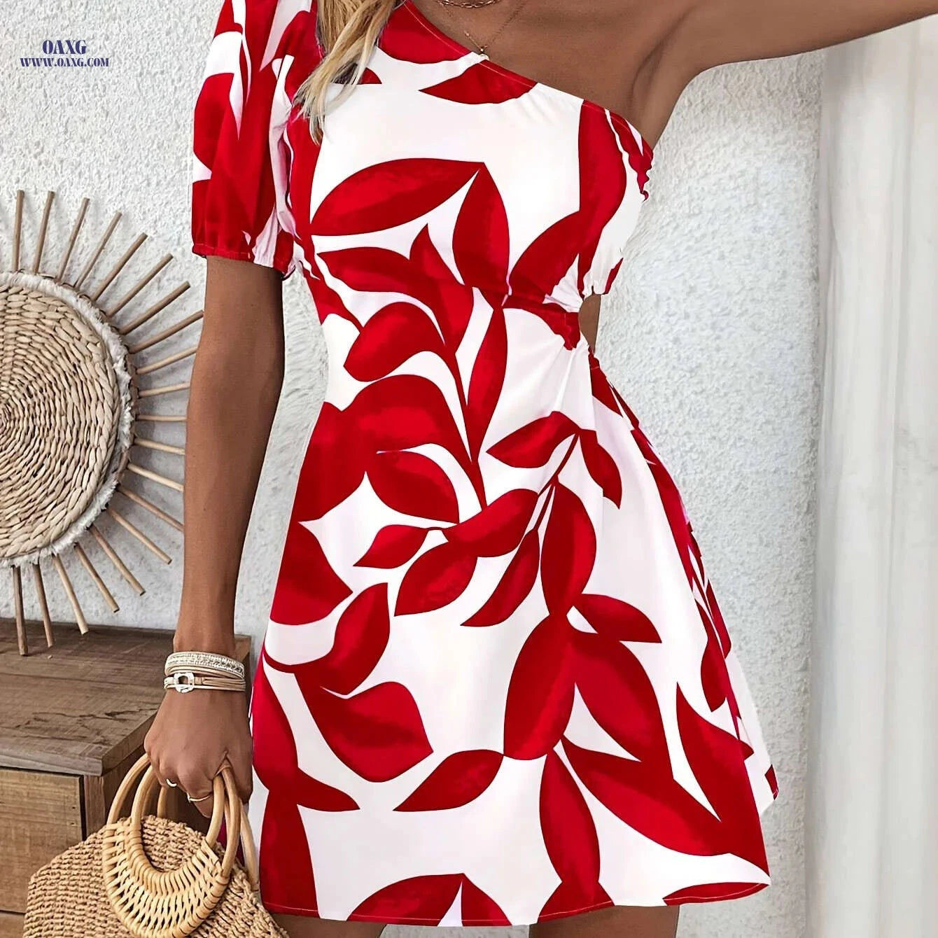 Women's One-Shoulder Puff Sleeve Dress - Vacation-Ready Printed Style   OAXG 