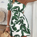 Women's One-Shoulder Puff Sleeve Dress - Vacation-Ready Printed Style   OAXG Green Color / S
