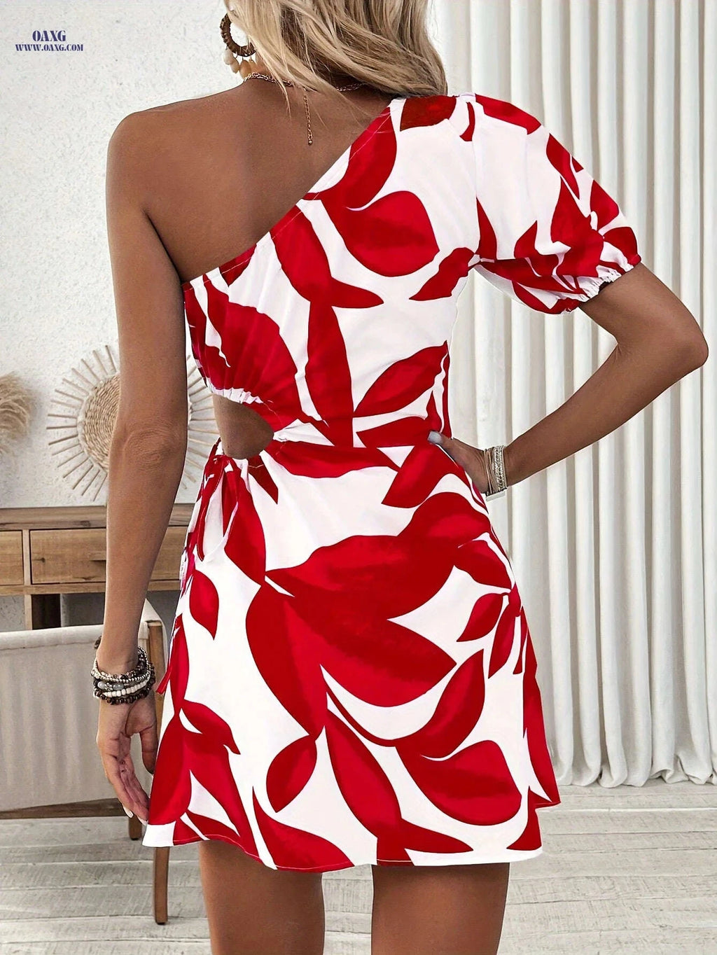 Women's One-Shoulder Puff Sleeve Dress - Vacation-Ready Printed Style   OAXG Green Color / S