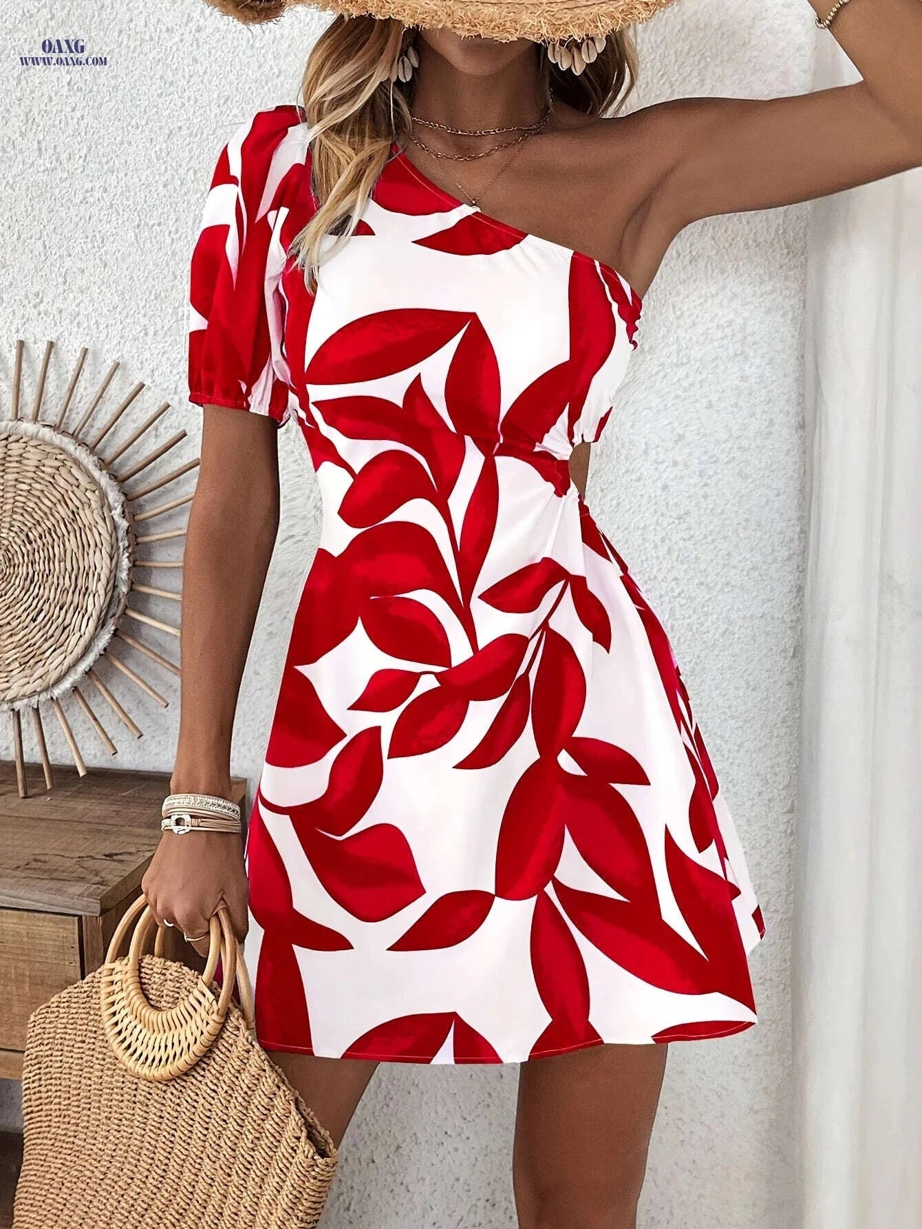 Women's One-Shoulder Puff Sleeve Dress - Vacation-Ready Printed Style   OAXG Green Color / S