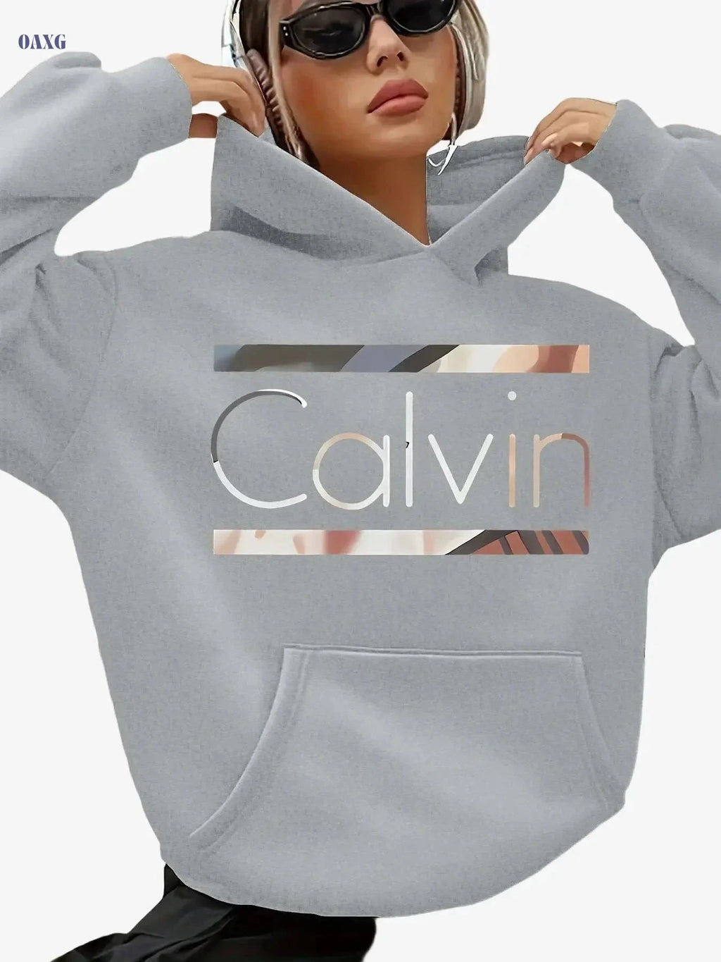 Women's Oversized Casual Hoodie - Light Grey Geometric Print Sweatshirt   OAXG 