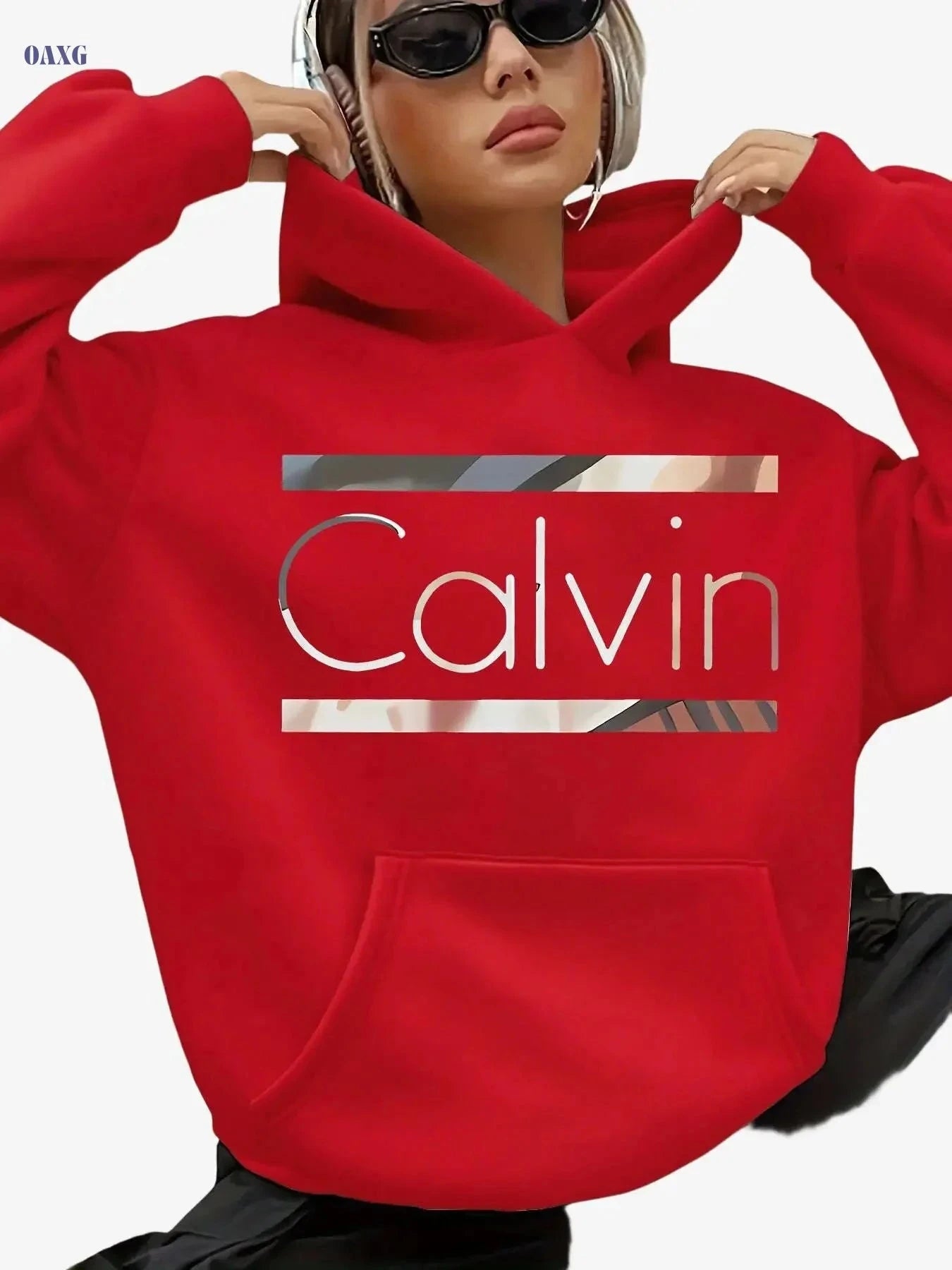 Women's Oversized Casual Hoodie - Light Grey Geometric Print Sweatshirt   OAXG Red / S