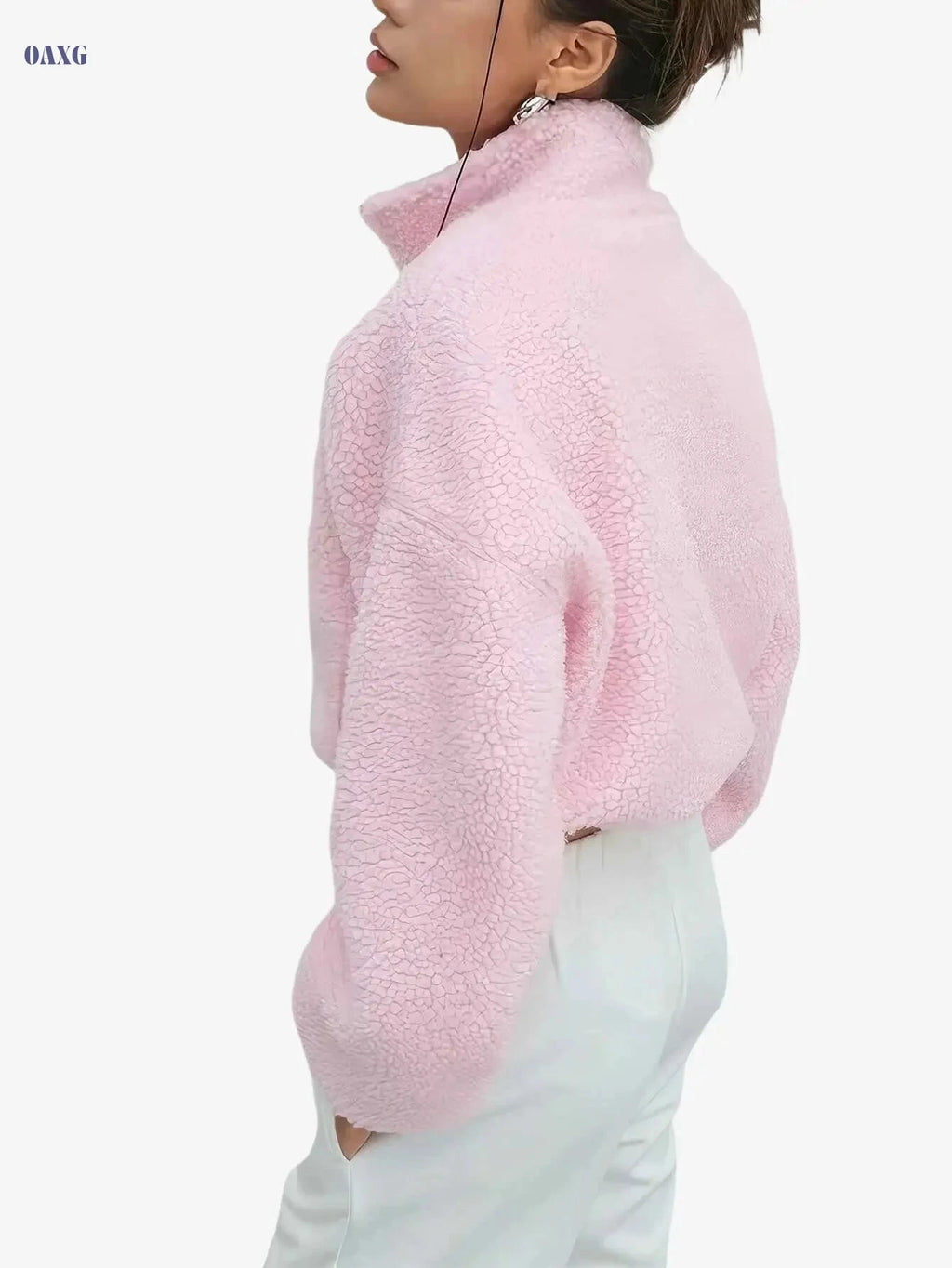 Women's Oversized Fleece Sweater Coat - Soft Pink Casual Outerwear   OAXG 